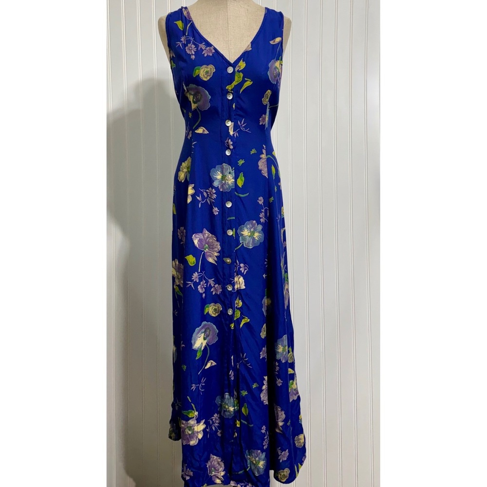 VTG Express Womens 13/14 Maxi Dress Rayon Blue Floral Button Front 90s Grunge